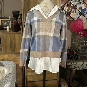 Adrienne Vittadini Plaid Sweater with White Shirt Layer Top - XL